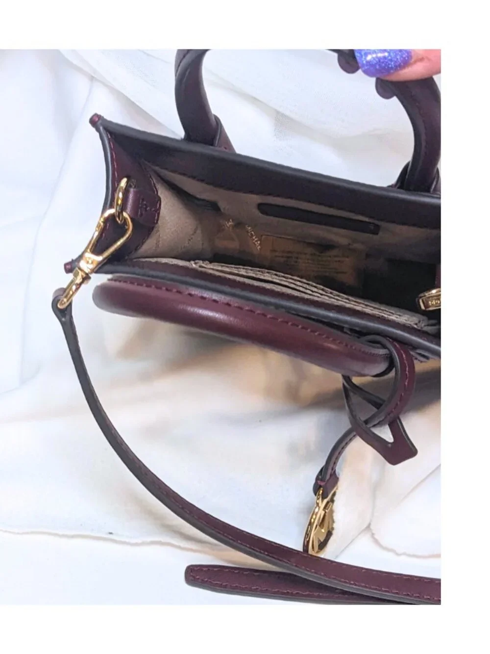 Michael Kors Burgundy Pebbled Leather Mini Satchel Crossbody Gold Logo NWOT - Picture 2 of 6